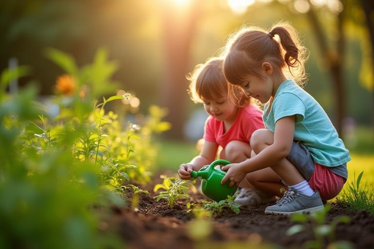 Children watering plants in the eco garden